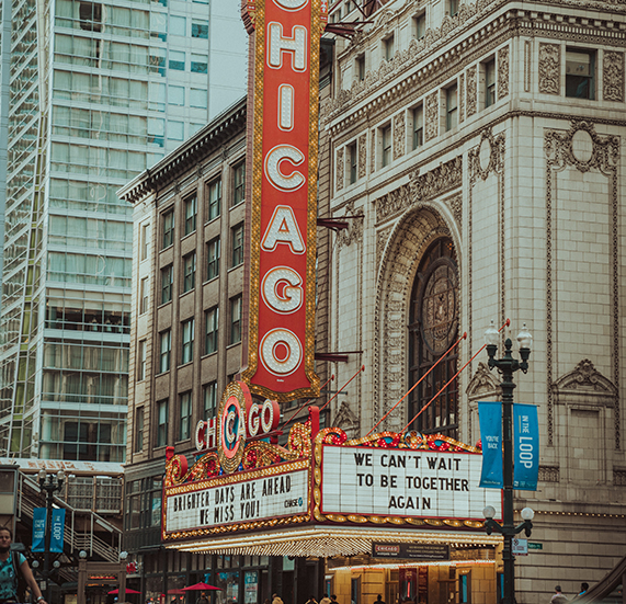 A movie theater in the city of Chicago