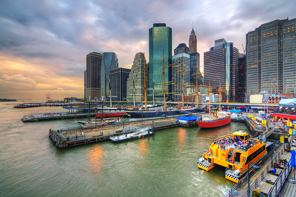 New York City shore with boats and ships